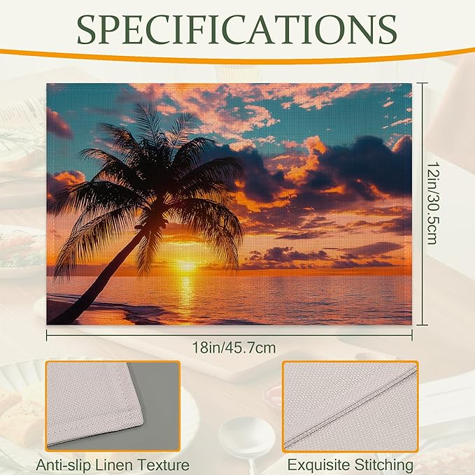 Tropical Palm Tree Table Placemats Set of 6,Non-Slip Summer Beach Sunset Fabric Placemats for Dining Room Kitchen Party Holiday, Indoor Cloth Table Mats for Home Decor 11.8x17.7 Inch