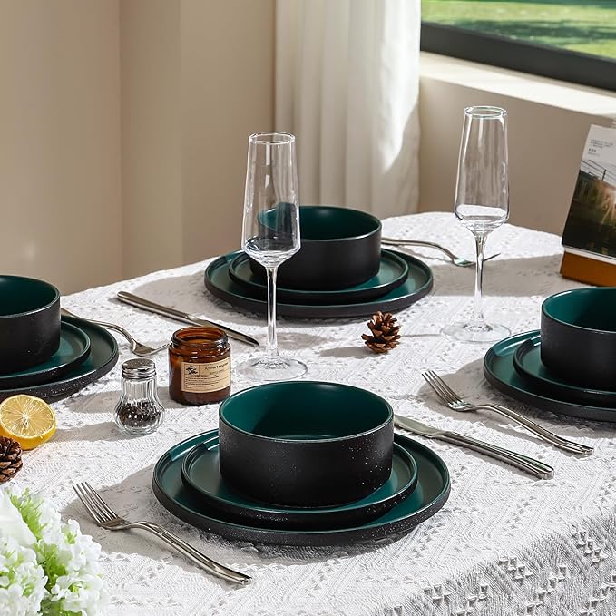 GZG Classic Series - Plates and Bowls Set for 2, 6 Piece Stoneware Dinnerware Sets, Microwave and Dishwasher Safe Lead-Free Handcrafted Ceramic Dishes Set - Malachite Green