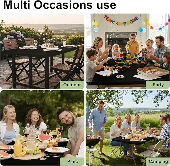 Smiry Rectangle Tablecloth, Elastic Fitted Flannel Backed Vinyl Tablecloths for 5ft Folding Tables, Waterproof Wipeable Table Covers for Indoor, Outdoor, Picnic and Camping (Black, 36"x60")