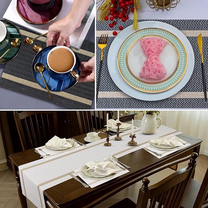 FAVE Placemats Set of 6 Blue Placemats Woven with Golden Thread Durable and Wipeable Vinyl Placemat Heat Resistant Table Mats Set of 6 High Texture Place Mats for Kitchen Table（Blue placemat）