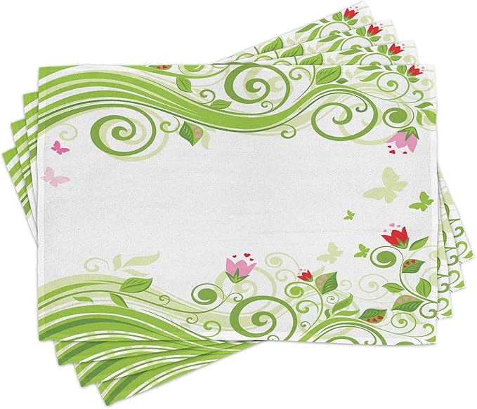 Ambesonne Green Flower Place Mats Set of 4, Blossoming Abstract Elements Swirls Springtime Foliage Illustration, Washable Fabric Placemats for Dining Room Kitchen Table Decor, Lime Green Pink Red