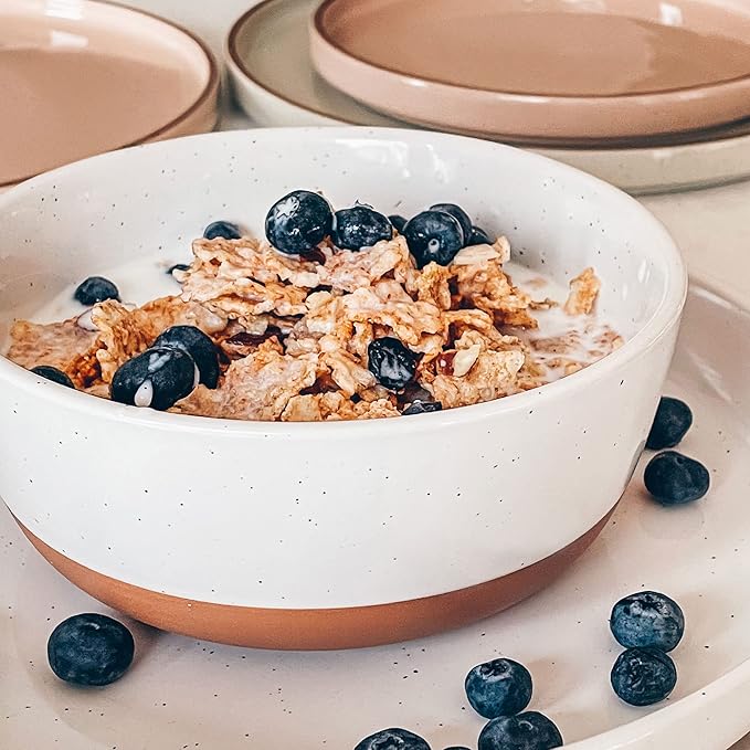 Mora Ceramic Flat Bowls Set of 4-25 oz- For Soup, Salad, Rice, Cereal, Breakfast, Dinner, Serving, Oatmeal, etc - Microwave, Dishwasher and Oven Safe Bowl for Eating and Kitchen- Vanilla & Charcoal