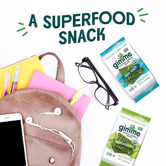 Gimme Seaweed Organic Premium Roasted Seaweed Snacks, Sea Salt, 20 Count, Keto, Vegan, Gluten-Free, Great Source of Omega3s and Iodine, Healthy On-The-Go Snack for Kids and Adults