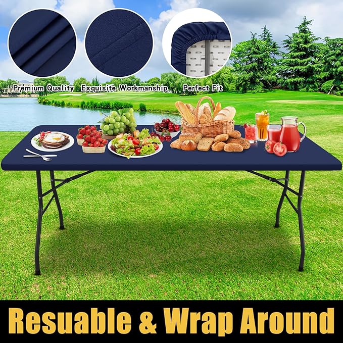 Smiry Rectangle Picnic Table Cloth, Waterproof Elastic Fitted Tablecloths for 4 Foot Tables, Washable Polyester Table Cover for Camping, Indoor and Outdoor (Navy, 24"x48")