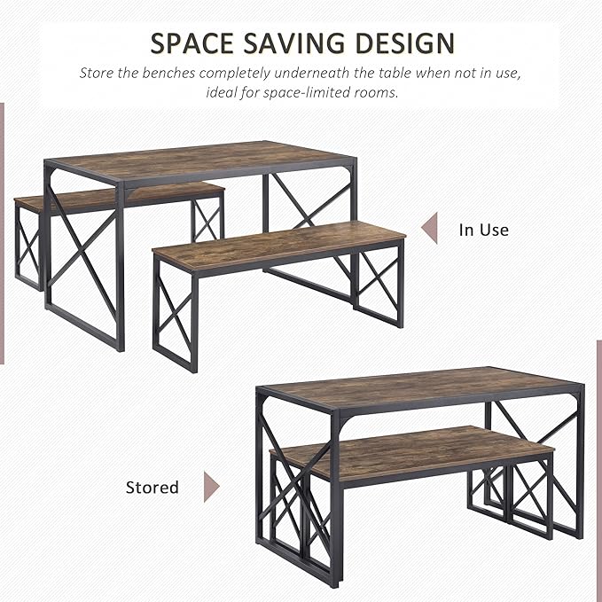 VECELO Kitchen Dining Table Set for 4 to 6, 55" Wood Dinette 2 Benches with Metal Frame for Dinner Breakfast Nook and Small Space, Grey