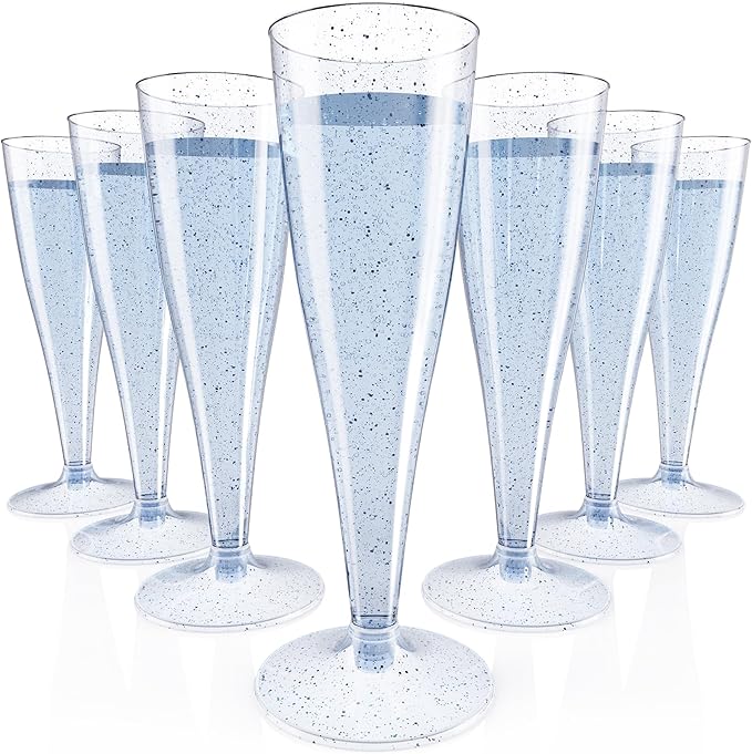 JOLLY CHEF 100 Pack Plastic Champagne Flutes Disposable 4.5 oz Blue Glitter Plastic Champagne Glasses Suitable for Wedding, Thanksgiving Day, Christmas