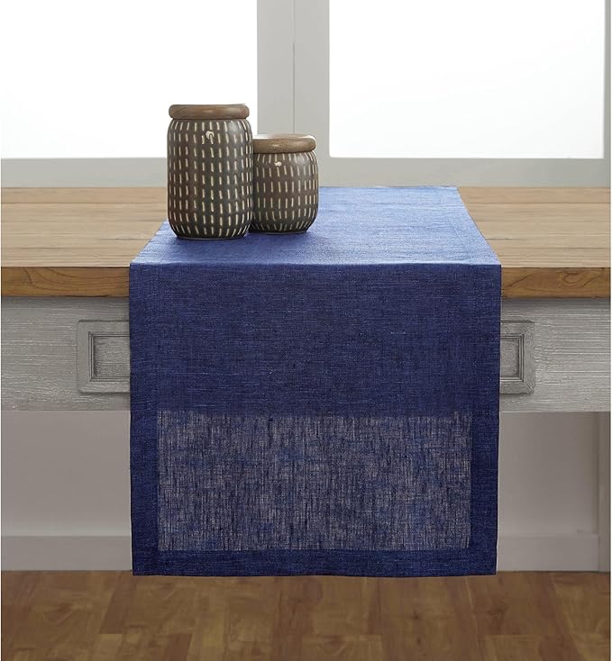 Solino Home Linen Chambray Navy Table Runner 120 Inches Long - Athena, 100% Pure Linen Dining Table Runner 14 x 120 Inch for Spring