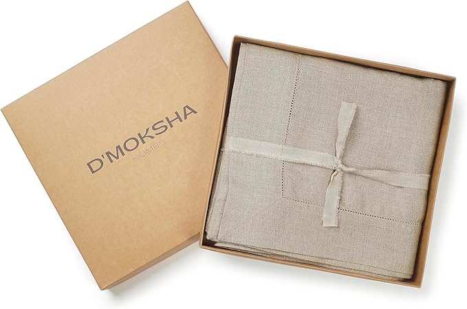 D'Moksha Homes Natural Linen Tablecloth for Rectangle Tables 60 x 90 Inch - 100% Pure Linen Natural Table Cloth - Classic Hemstitch, Machine Washable Tablecloth for Valentines, Spring, Easter
