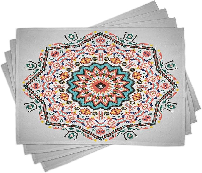 Ambesonne Tribal Place Mats Set of 4, Abstract Style Themed Boho Sun Pattern Art Print on Greyscale Background, Washable Fabric Placemats for Dining Table, Standard Size, Turquoise Coral