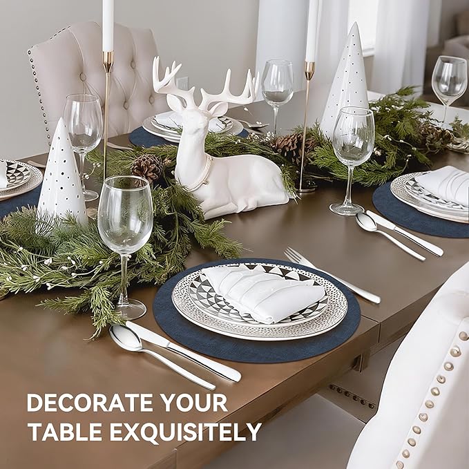 13" Round Placemats Set of 12, Reversible Faux Leather Heat Resistant Table Mats, 100% Waterproof Oilproof Wipeable Table Protective Placemats for Vinyl, Washable for Indoor (12, Navy Blue)