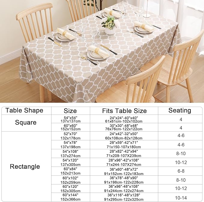 Smiry Square Table Cloth, Waterproof Vinyl Tablecloths with Flannel Backing for Square Tables, Wipeable Spillproof Plastic Tablecloth for Dining, Camping, Indoor and Outdoor (54"x54", Khaki)