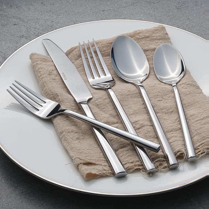 Alata Potter 65-Piece Forged Silverware Set, Service for 12 – Premium Stainless Steel Flatware Set, Modern Design with Satin Finish, Ideal for Home, Kitchen, Party, Camping