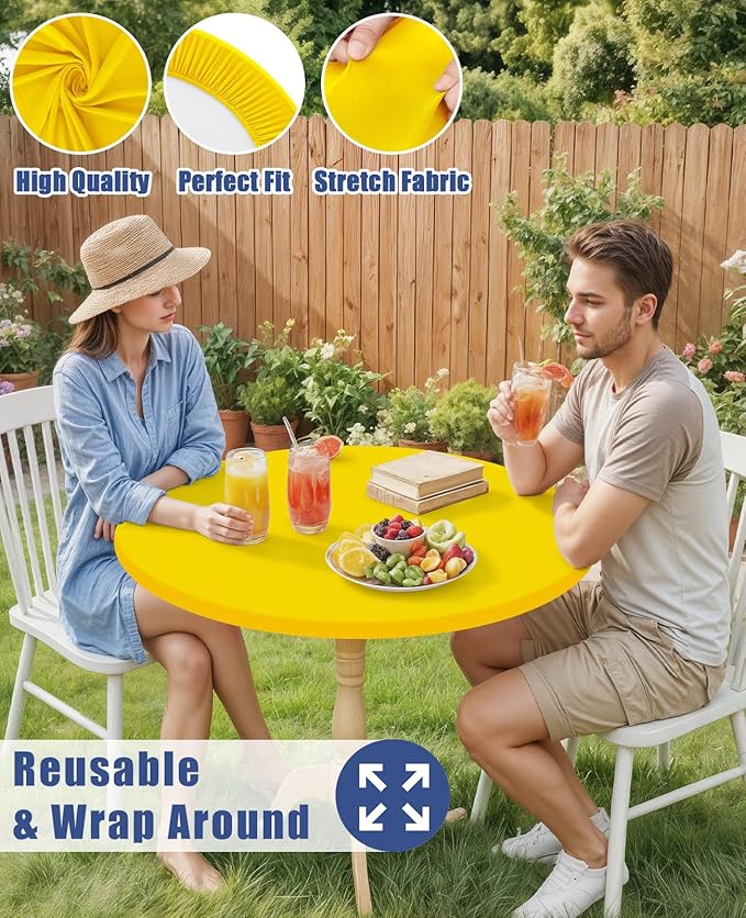 Round Spandex Tablecloth, Elastic Fitted Waterproof Tablecloths for 45"-56" Tables, Stretch Washable Picnic Table Cover for Camping, Dining, Indoor and Outdoor, Yellow