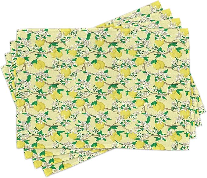 Ambesonne Lemons Place Mats Set of 4, Blooming Lemon Flowers on Tree Branches with Buds and Ripe Fruits, Washable Fabric Placemats for Dining Table, Standard Size, Yellow Fern
