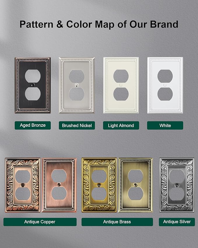 6-Pack Duplex Outlet Cover Plate, Metal Wall Plates for Electrical Outlets, Brushed Nickel 1 Gang Receptacle Cover, Pearls Decorative Switch Plates and Outlet Covers