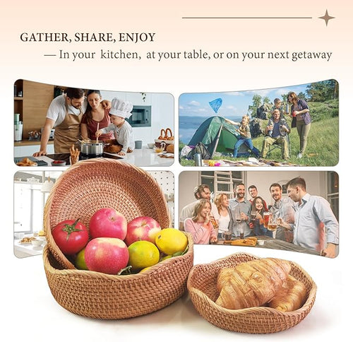 11.2" Large Wave Rattan Bread Basket for Fruit, Natural Wicker Fruit Basket for Kitchen Counter, Hand Woven Food Baskets, Bread Baskets for Serving, Fruit, Vegetable, Candy, Nuts, Keys, Wallets, Etc.