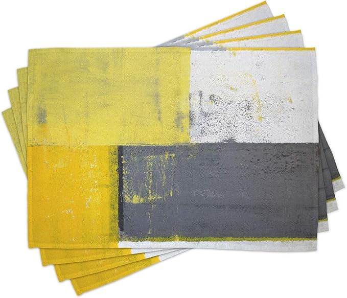 Ambesonne Grey and Yellow Place Mats Set of 4, Street Art Modern Grunge Abstract Design Squares, Washable Fabric Placemats for Dining Table, Standard Size, Charcoal Yellow