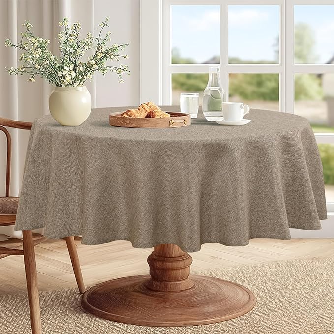 JIUZHEN Round Table Cloth Faux Linen Farmhouse Tablecloth Wrinkle and Stain Resistant Decorative Fabric Table Cover for Kitchen, Dining Room, Parties and Camping, Khaki, 80 Inch Round