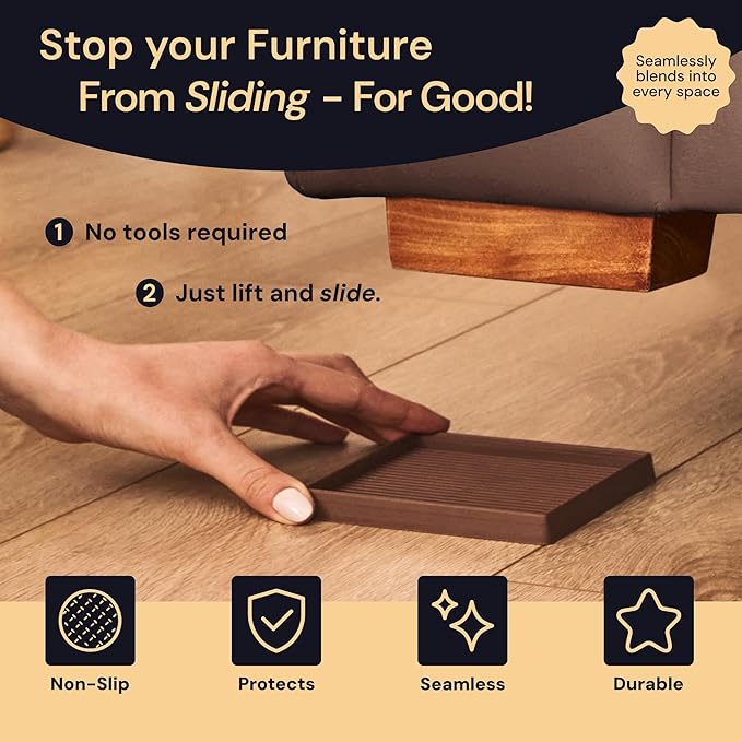 CasterMaster Anti Slip Furniture Pads Rectangular Rubber Caster Cups - 2 x 4 in Brown Pack of 4 - Non Slip Floor Protectors for Chairs & Hardwood Floors - Quiet Rubber Feet