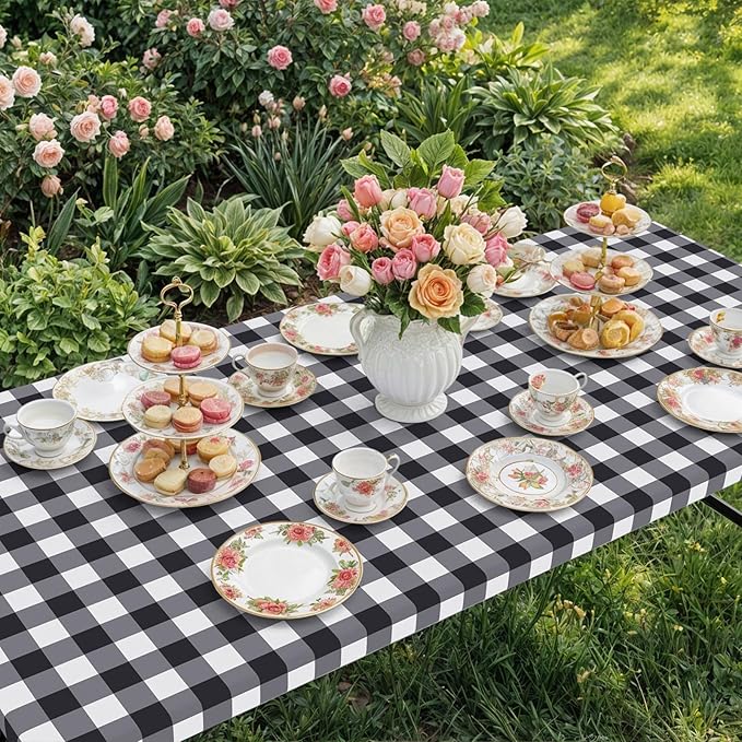 Smiry Rectangle Picnic Table Cloth, Elastic Waterproof Fitted Vinyl Tablecloths, Flannel Backed Buffalo Plaid Table Covers for Dining, Camping, Outdoor (Black and White, 30" x 96")