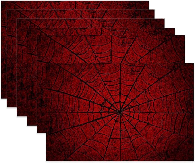 Cloth Placemats,Red Spider Web Fabric Placemats Set of 6,Washable Gothic Table Mats,Decorative Place Mats for Dining Home Kitchen Holiday Party 11.8x17.7 Inch
