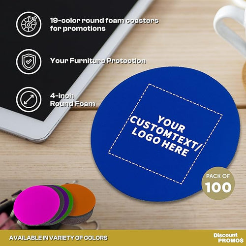 100 Round Foam Bud Coasters Pack, 4 inch - Customizable Text, Logo - PU Foam, Party Favor - Royal Blue