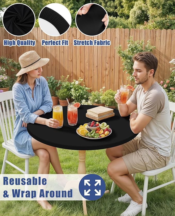 Round Spandex Tablecloth 2 Pack, Elastic Fitted Waterproof Tablecloths for 36"-44" Tables, Stretch Washable Picnic Table Cover for Camping, Dining, Indoor and Outdoor, Black