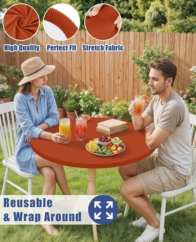 Round Spandex Tablecloth, Elastic Fitted Waterproof Tablecloths for 57"-68" Tables, Stretch Washable Picnic Table Cover for Camping, Dining, Indoor and Outdoor, Rust