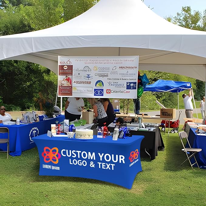 Personalized Table Cloth with Logo Image Customized Tablecloth 4FT/5FT/6FT/8FT Spandex Customized Table Cover Promotional Business Tradeshow Events Birthday Party Wedding (6FT Spandex(Closed back))