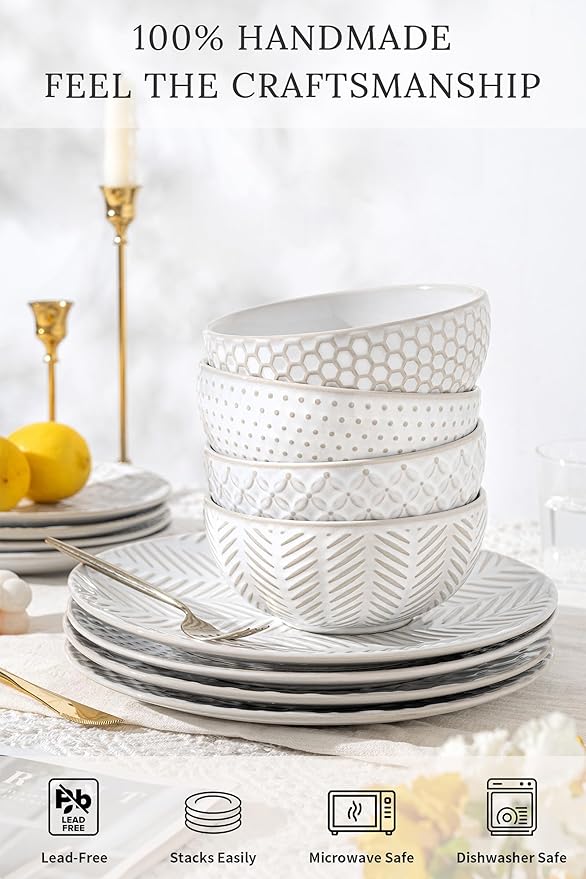 32-Piece Luxury Dinnerware Set,Complete Plates and Bowls Set for 8,Upscale Ceramic Dish Set for Hosting, Holidays & Family Gatherings–Microwave & Dishwasher Safe