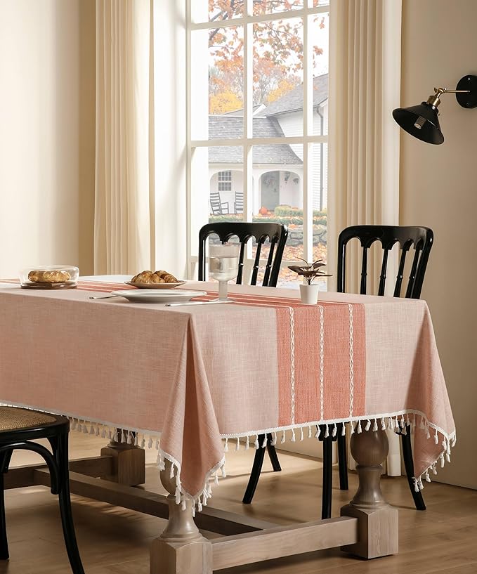 ZeeMart Contrast Linen Table Cloth Rectangle Table Cloths 60x84 Inch Orange, Farmhouse Style Heavy Weight Burnt Orange Fall Tablecloth, Water Resistant Burlap Tablecloths