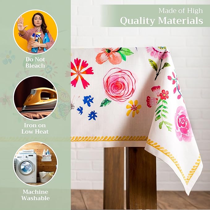 Maison d' Hermine Table Cloth Rectangle Table 100% Cotton 60 x 90 Inches Tablecloth Reusable Decorative for Dining Room Farmhouse Home Valentines Day Decorations Spring Summer - Happy Florals - Sweety