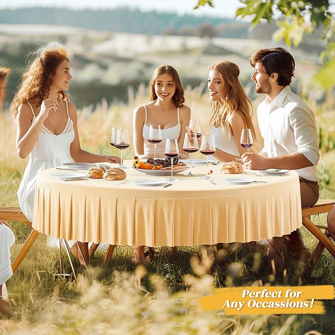1 Pack Champagne Spandex Round Tablecloths for 72in Table, Stretchy Fitted 6FT Round Table Cloths, Wrinkle Free Table Cover with Skirt for Wedding Birthday Party Bridal Shower Banquet