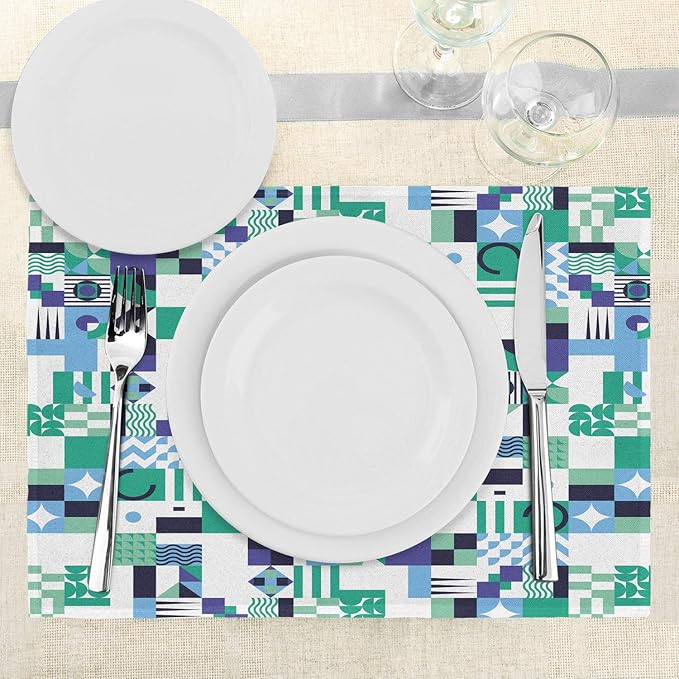 Ambesonne Mid Century Place Mats Set of 4, Geometric Modern Art Design in The Sixties Pop Art Shapes Pattern, Washable Fabric Placemats for Dining Table, Standard Size, Green Black