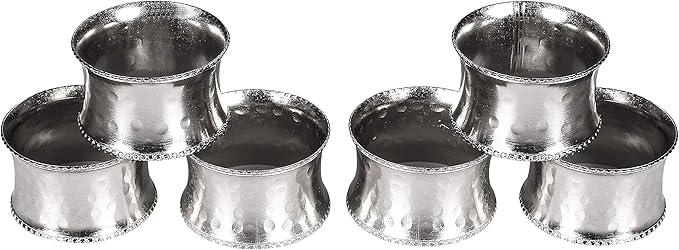 Everyday Metal Napkin Rings for Wedding Receptions, Dinners Parties, Family Gatherings, Everyday Use - Hand Made by Skilled artisans, Hammered Silver, Set of 6