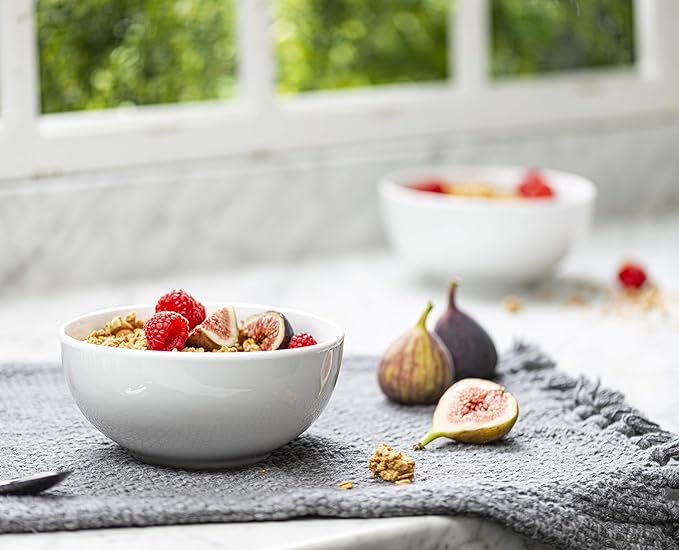 KooK Ceramic Soup Bowls, Cereal Bowl, Microwave, Dishwasher and Freezer Safe, Porcelain Dishes for Pasta, Salad, Oatmeal, Deep Interior, 20 oz, Set of 4, Marshmallow White