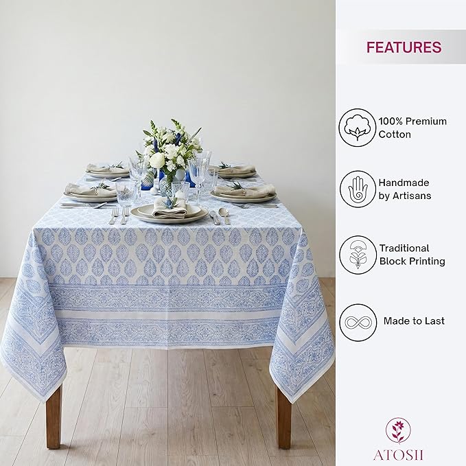 ATOSII Amalfi 100% Cotton Boho Rectangle Fall Tablecloth, Handblock Print Table Cloth for Kitchen I Dining Table Linen Fall Décor I Parties Wedding Outdoor Christmas Thanksgiving I Fall 60 X 90 Inches
