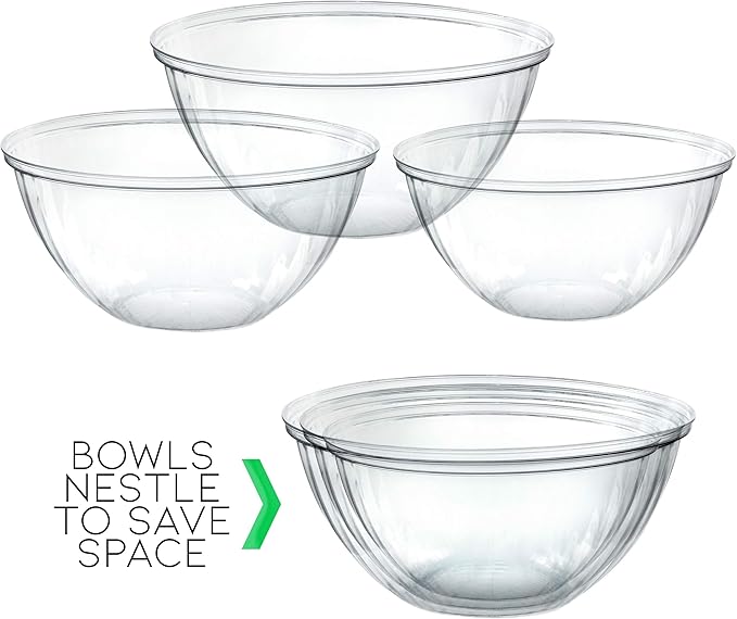 PLASTICPRO Disposable 96 Ounce Round Crystal Clear Plastic Serving Bowls, Party Snack or Salad Bowl, Chip Bowls, Snack Bowls, Candy Dish, Salad Container Pack of 8