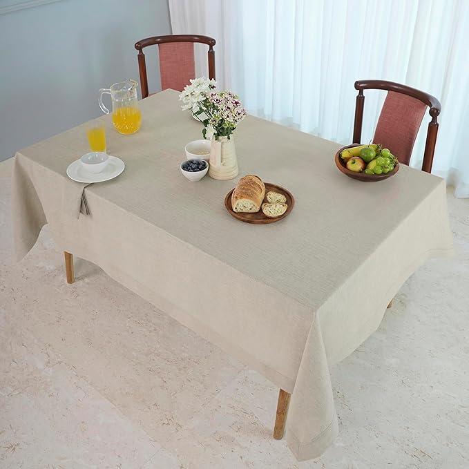 D'Moksha Homes Linen Natural Tablecloth 60 x 102 Inch - 100% Pure Linen Rectangular Table Cloth - Machine Washable Tablecloth for Valentines, Spring, Easter