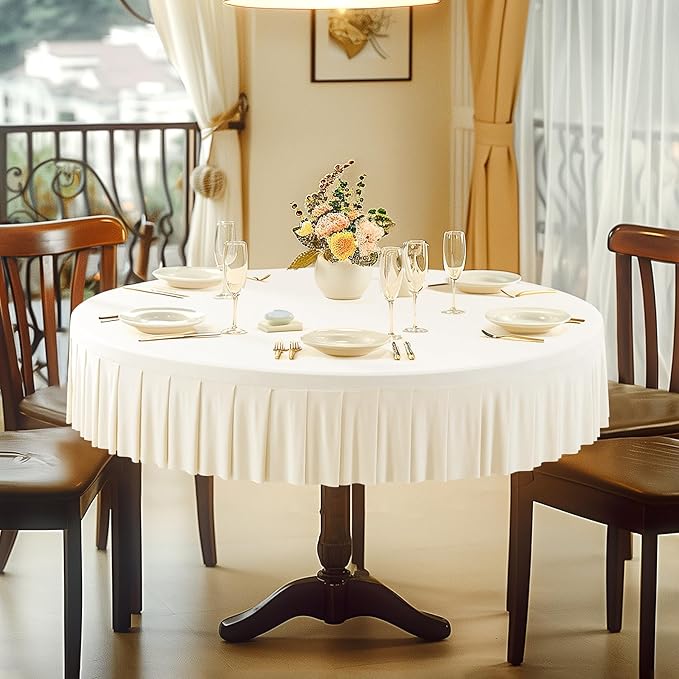4 Pack Ivory Spandex Round Tablecloths for 72in Table, Stretchy Fitted 6FT Round Table Cloths, Wrinkle Free Table Cover with Skirt for Wedding Birthday Party Bridal Shower Banquet