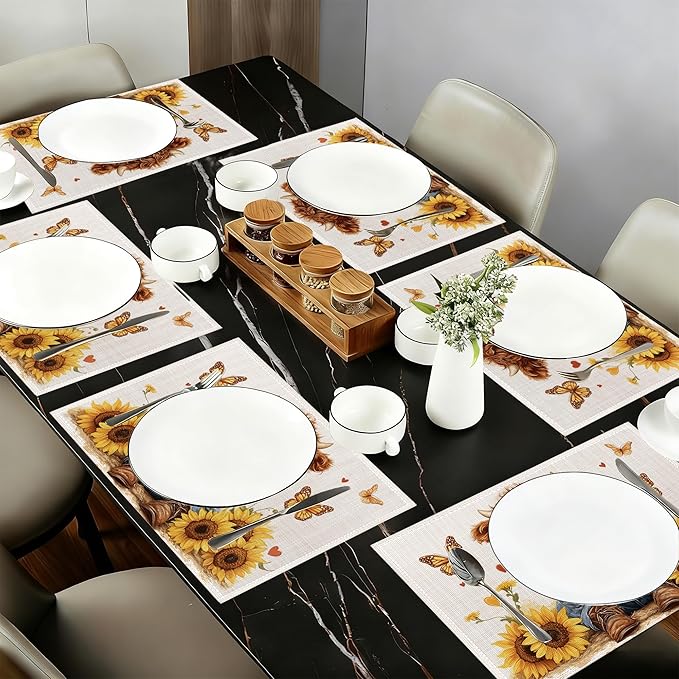 Cute Highland Cow Table Placemats Set of 6,Non-Slip Rustic Sunflower Butterfly Fabric Placemats for Dining Room Kitchen Party Holiday, Indoor Cloth Table Mats for Home Decor 11.8x17.7 Inch