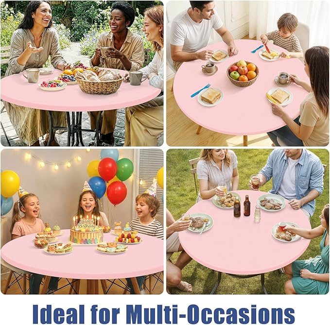 Round Spandex Valentines Day Tablecloth, Elastic Fitted Waterproof Tablecloths for 18"-24" Tables, Stretch Washable Picnic Table Cover for Camping, Dining, Indoor and Outdoor, Pink
