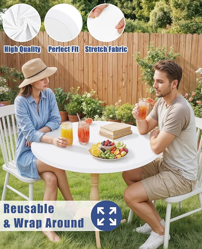 Round Spandex Tablecloth, Elastic Fitted Waterproof Tablecloths for 36"-44" Tables, Stretch Washable Picnic Table Cover for Camping, Dining, Indoor and Outdoor, White