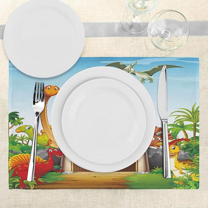 Ambesonne Dino Place Mats Set of 4, Cartoon Style Dinosaurs in a Dino Park Jungle Trees Wildlife Habitat Illustration, Washable Fabric Placemats for Dining Table, Standard Size, Rust Blue