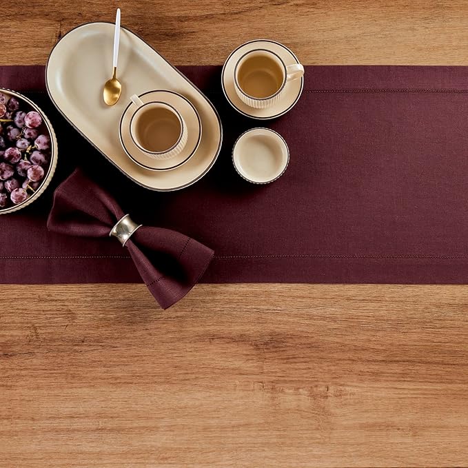 Solino Home Linen Table Runner 60 Inches - 100% Pure Linen Burgundy Hemstitch Table Runner 14 x 60 Inch Ideal for Dresser and Coffee Tables - Valentines, Winter - Classic Hemstitch