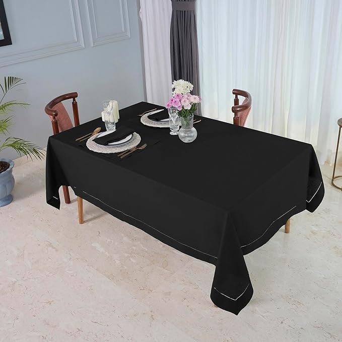 D'Moksha Homes Black Linen Tablecloth for Rectangle Tables 60 x 144 Inch - 100% Pure Linen Black Table Cloth - Classic Hemstitch, Machine Washable Dining Tablecloth for Spring, Easter