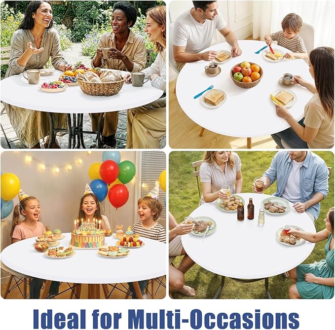 Round Spandex Tablecloth, Elastic Fitted Waterproof Tablecloths for 36"-44" Tables, Stretch Washable Picnic Table Cover for Camping, Dining, Indoor and Outdoor, White