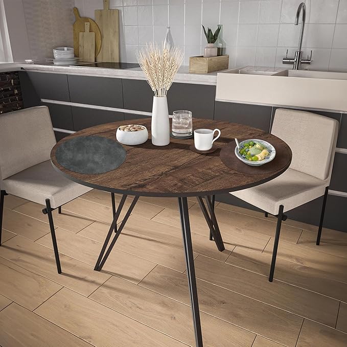 Round Placemats and Coasters Set of 6, Washable Reversible Faux Leather Placemats Cowhide Pattern Place Mats Wipeable Non-Slip 15 inch Round Kitchen Dining Table Mats (Gray Dark Coffee, 6)
