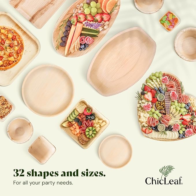 Chic Leaf Palm Leaf Bowls - Mini Disposable Heart Shaped Bamboo Style Plates - Paper Plates Alternative for Weddings & Parties - Compostable, Bridal Shower & Romantic Dinner for 2 (6.5'' - 25 Pack)