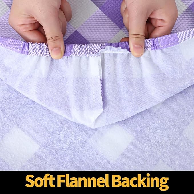 Smiry Rectangle Picnic Table Cloth, Elastic Waterproof Fitted Vinyl Tablecloths, Flannel Backed Buffalo Plaid Table Covers for Dining, Camping, Outdoor (White and Purple, 30" x 96")